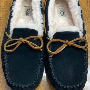 UGG Dakota Black Moccasins with Brown Bow